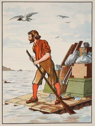 Robinson Crusoe på sin tømmerflåde, illustration fra The Story of Robinson Crusoe: An adaptation for children following Defoes language, pub. af Griffith Farran Browne & Co. Limited, London