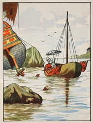 Robinson Crusoe redder en hund fra et spansk skibsvrag, illustration fra The Story of Robinson Crusoe: En tilpasning for børn efter Defoes sprog, pub. af Griffith Farran Browne & Co. Limi