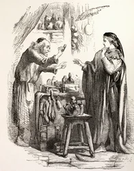 Romeo køber gift fra apoteket, illustration fra Romeo og Julie, fra 