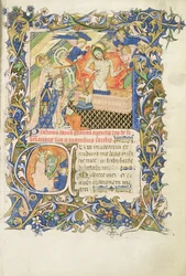 Roy 2 B I f.8 Kronet skikkelse støttet af en gråskægget helgen, der knæler foran et billede af Pity, fra Salteren af Humphrey Duke of Gloucester, ca. 1420-30 (vellum)