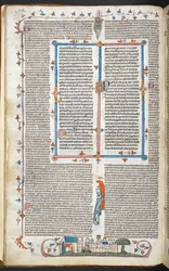 Royal 10 E. IV, f.250v Tekst med randdekor og en King Dining, illustration fra 