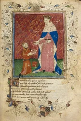Royal 17 D. VI, f.40 Præsentationsscene med Thomas Hoccleve i færd med at tilbyde sin bog til Henry V (vellum)
