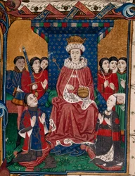 Royal 18 D. II fol.6, Kong Edward IV omgivet af hoffolk med Sir William Herbert og hans kone, Anne Devereux iført tøj dekoreret med deres våbenskjolde, knælende foran ham (bog 1)