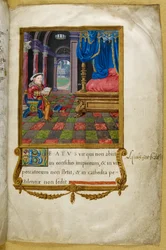 Kongelig 2 A. XVI, f.3 Kong Henrik VIII siddende og læste, i hans sengekammer, illustration fra 