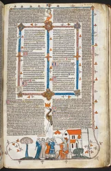 Royal MS 10 IV f.240r Konge forsvarer sit palads og marginaldekoration, illustration fra 