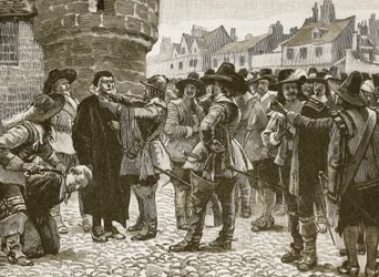 Royalistiske plottere i Salisbury, der fornærmer sheriffen, illustration fra Cassells Illustrated History of England (sepiafoto)