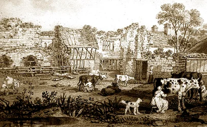 Ødelagt herregård med malkekøer, ca. 1800 (pen & sepia blæk på papir)