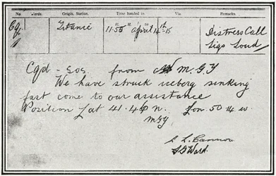 SOS-besked modtaget af den russiske damper, Birma, omkring fem minutter efter at Titanic ramte et isbjerg den 15. april 1912 fra "The Sphere", den 4. maj 1912