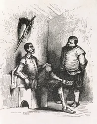Sancho: Jeg skulle lave en sjælden udlejer, illustration fra anden akt, scene I af Don Quixote i England. En komedie, graveret af P. Soyer