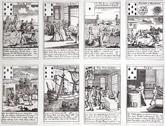 Sæt med spillekort, der viser satiriske scener af aktuelle kommercielle satsninger og investeringer, ca. 1720