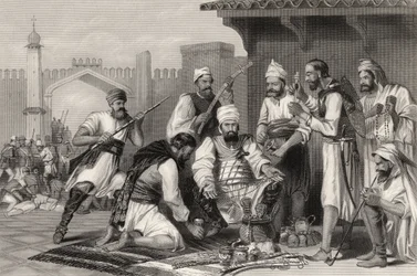 Sikh-tropper fordeler byttet fra mytteristerne, fra "The History of the Indian Mutiny", udgivet i 1858
