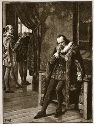 Sir Francis Bacon venter på et publikum af Buckingham, illustration fra Cassells Illustrated History of England (sepia foto)