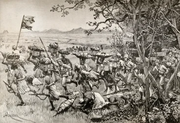 Sir Henry Morton Stanley og hans mænd kom endelig ud af skoven og ind på græslandet i 1887 under deres Emin Pasha-hjælpeekspedition i Afrika.