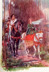 Sir Lancelot og Dronning Guinevere. Farvet illustration fra bogen The Gateway to Tennyson udgivet 1910.