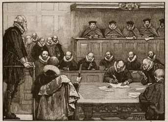 Sir Walter Raleigh før dommerne, illustration fra Cassells Illustrated History of England (sepiafoto)