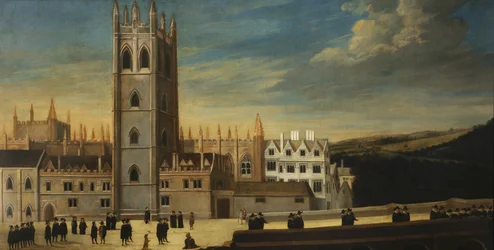 Sydfronten af Magdalen med talrige figurer i forgrunden, c.1650