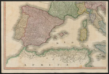 Spanien og Portugal, fra Europa, der beskriver alle ændringerne i territoriet, sammen med deres afvigelser i grænselinjerne for dets adskillige imperier og stater, der er blevet enige om og bekræftet af den endelige traktat i Paris, 20. nov. 1815, udgivet 