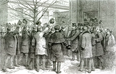 Sr. Robert Koch (1843-1910) forlader det kongelige hospital, hvor den engelske patient bliver behandlet, fra The Graphic, 6. december 1890