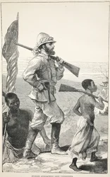 Stanley nærmer sig Tanganyika-søen, illustration fra The Pictorial Edition of the Life and Discoveries of David Livingstone af J. Ewing Richie, pub. af A. Fullarton & Co., 1876