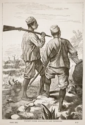 Stanleys guider nærmer sig Tanganyikasøen, illustration fra Den illustrerede udgave af David Livingstones liv og opdagelser af J. Ewing Richie, udgivet af A. Fullarton & Co., 1876