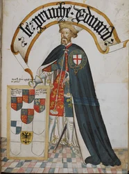 Stowe 594, f.14 Portræt af Edward, prins af Wales [den Sorte Prins], grundlæggerridder af Hosebåndsordenen, fra "Pictorial Book of Arms of the Order of the Garter" (William Bruges Garter Book), ca. 1430-40