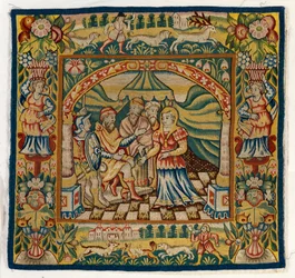 Pudebetræk af gobelin, der forestiller Susannah before Judge (et af et sæt med seks Sheldon-tæpper, bestående af 47,9 til 47,14), lavet i Sheldon, England, hvis det er ægte