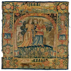 Tapestry pudebetræk forestillende Susannah på vej til badet, lavet i Sheldon, England, efter 1600 (uld)