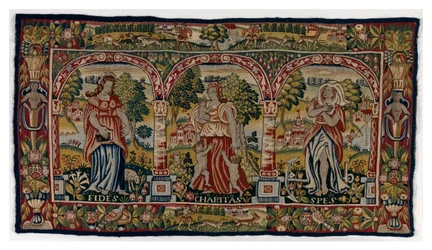 Tapestry lang pude forestillende Faith, Hope and Charity, lavet i Sheldon, England, slutningen af det 16. århundrede (uld)