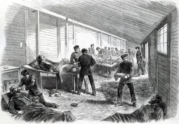 Midlertidigt felthospital bag den anden preussiske parallel i Dueppel, 1864