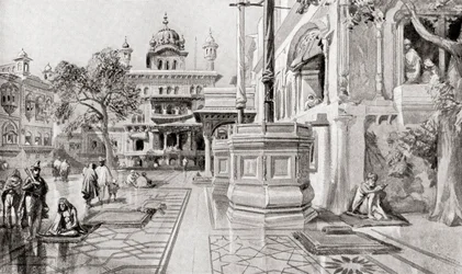 Akal Takht eller Akal Bunga, Harmandir Sahib (Det Gyldne Tempel), Amritsar, Punjab, Indien i 1864, fra Hutchinson