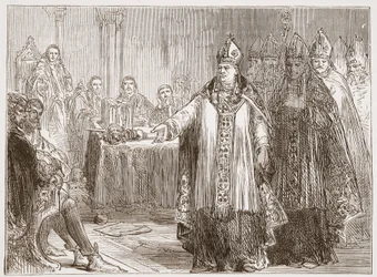 Ærkebiskopperne af York og Canterbury foran parlamentet i Westminster Abbey, illustration fra The History of Protestantism af James Aitken Wylie (1808-1890), pub. 1878