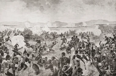 Slaget ved Ulundi i 1879, der viser det sidste sus fra zuluerne og den britiske plads i det fjerne, fra 