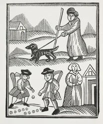 Tiggeren, der rejser med sin hund, bringer god rigdom hjem til prog, hvormed han overgår ridderen, og vier sit barn til hendes glæde, illustration fra kap-bøger fra det attende århundrede