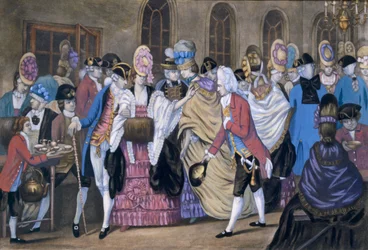 The Bread and Butter Manufactory, eller Humors of Bagnigge Wells, pub. Af Carington Bowles, 1772 99:Macaroni style; traditionelle kostume; traditionel kjole; mode; kedel; kopper;