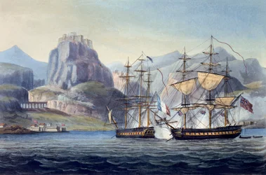The Capture of the Var af HMS Belle Poule ud for Korfu, 1809, fra The Naval Chronology of Great Britain, af J. Ralfe
