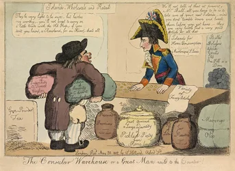 The Consular Warehouse eller en stor mand sømmet til skranken, pub. 1802 (håndfarvet gravering)