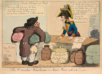 The Consular Warehouse eller en stor mand sømmet til skranken, pub. 1802 håndfarvet gravering.