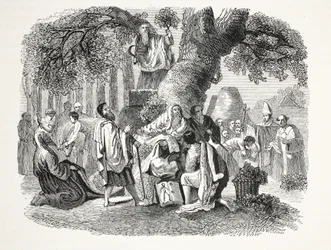 Druiderne eller briternes omvendelse til kristendommen af Bran og hans disciple, pub. 1800-tallet (stålgravering)