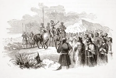 Jarlen af Richmond taler til de walisiske høvdinge i Milford Haven, pub. 1800-tallet (stålgravering)