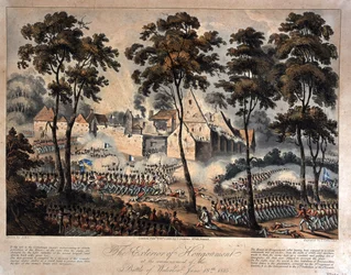 Det ydre af Hougoumont ved begyndelsen af slaget ved Waterloo, 18. juni 1815, indgraveret af T. Sutherland, udgivet 1816 (akvatint)