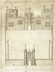 The Front of Wilton House, detalje fra Survey of Lands for the 1st Earl of Pembroke, 1566 (pen & blæk på vellum)