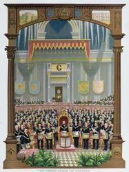 Storlogen i England stemmer lykønskningsjubilæet til Hendes Majestæt Dronning Victoria i Albert Hall, London, 13. juni 1887