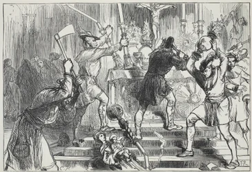Ikonoklasterne ødelægger billeder og alterdekorationer af en romersk-katolsk kirke, illustration fra The History of Protestantism af James Aitken Wylie (1808-1890), pub. 1878