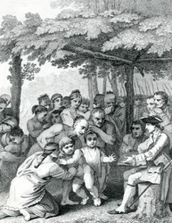 Indianerne afleverer de engelske fanger til oberst Bouquet nær hans lejr ved Forks of Muskingham i North Anerica, indgraveret af Canot, 1764