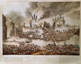 Det indre af Hougoumont under slaget den glorværdige 18. juni 1815, indgraveret af T. Sutherland, udgivet 1816 (akvatint)
