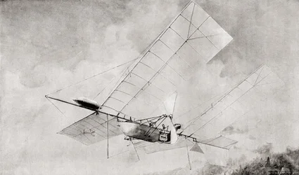 Langley Aerodromen lentokone lennossa 1800-luvulla. Vuonna 1897 julkaistusta The Strand Magazinesta.