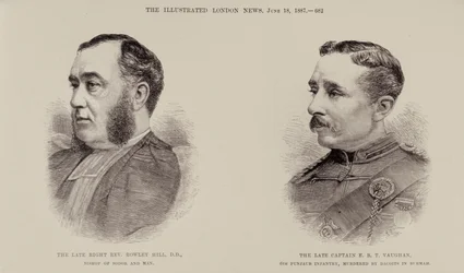 Den afdøde højærværdige Rowley Hill, biskop af Sodor og Man, og den afdøde kaptajn E. B. T. Vaughan, 6. Punjaub-infanteri, myrdet af dacoiter i Burma, fra The Illustrated London News, 18. juni 1887