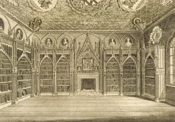 Biblioteket, indgraveret af Godfrey, fra Beskrivelse af Strawberry Hill af Horace Walpole, 1784