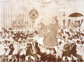 Mahratta-høvdingen Tulsaji af Tanjore (farve litho)