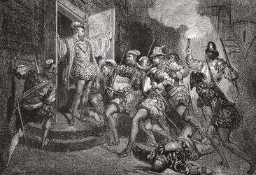 The Massacre of St. Bartholomew: angreb på Colignys logi, illustration fra The History of Protestantism af James Aitken Wylie (1808-1890), pub. 1878